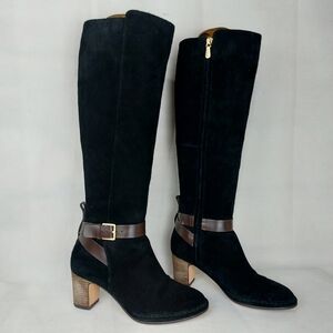 CLARKS Spaced Flame black suede leather tall block heel boots Size 6.5 M